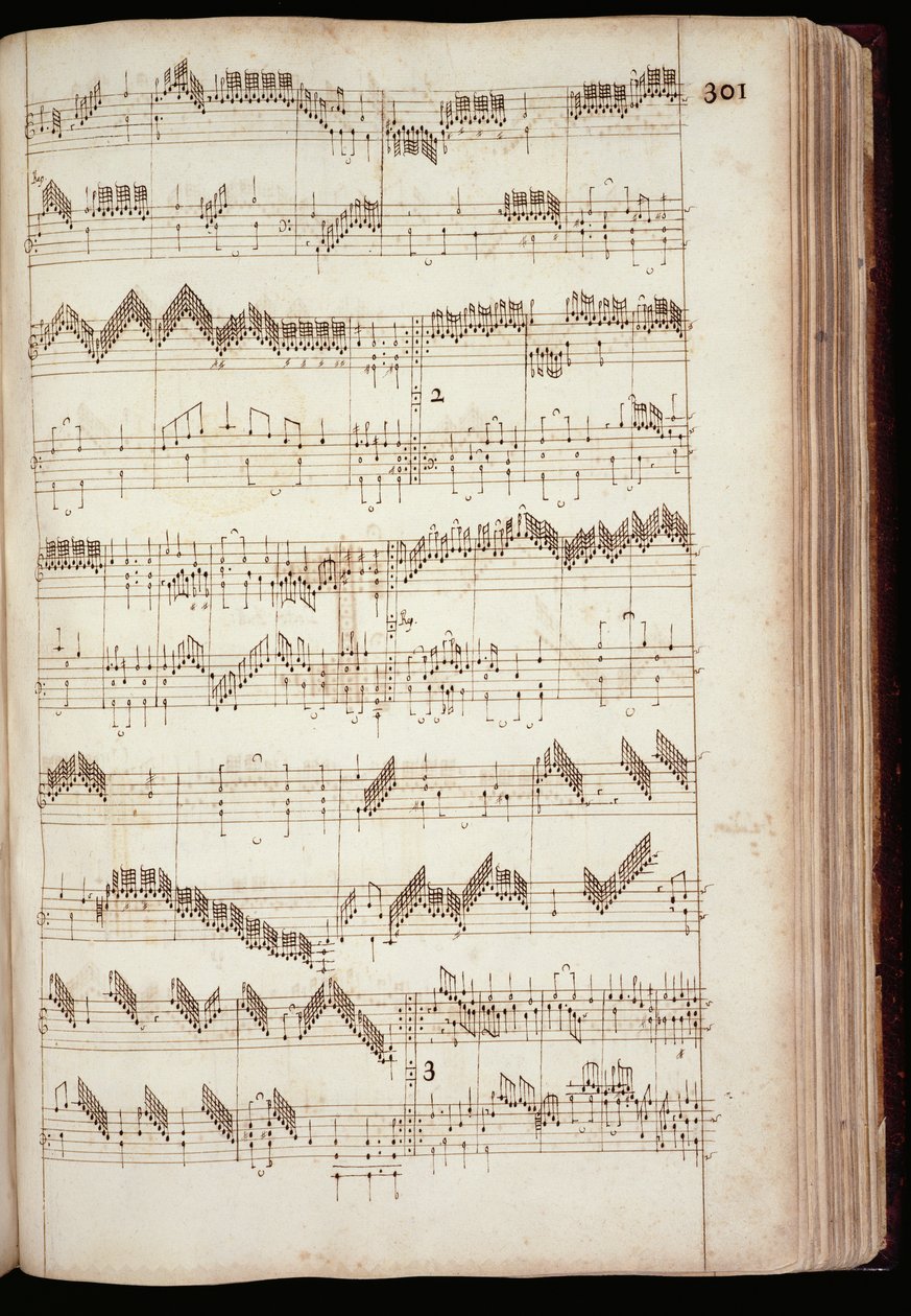 Mu Ms 168, str. 301: Stránka z Fitzwilliam Virginal a antologie klávesové hudby 16. a počátku 17. století (inkoust na papíře) od English School