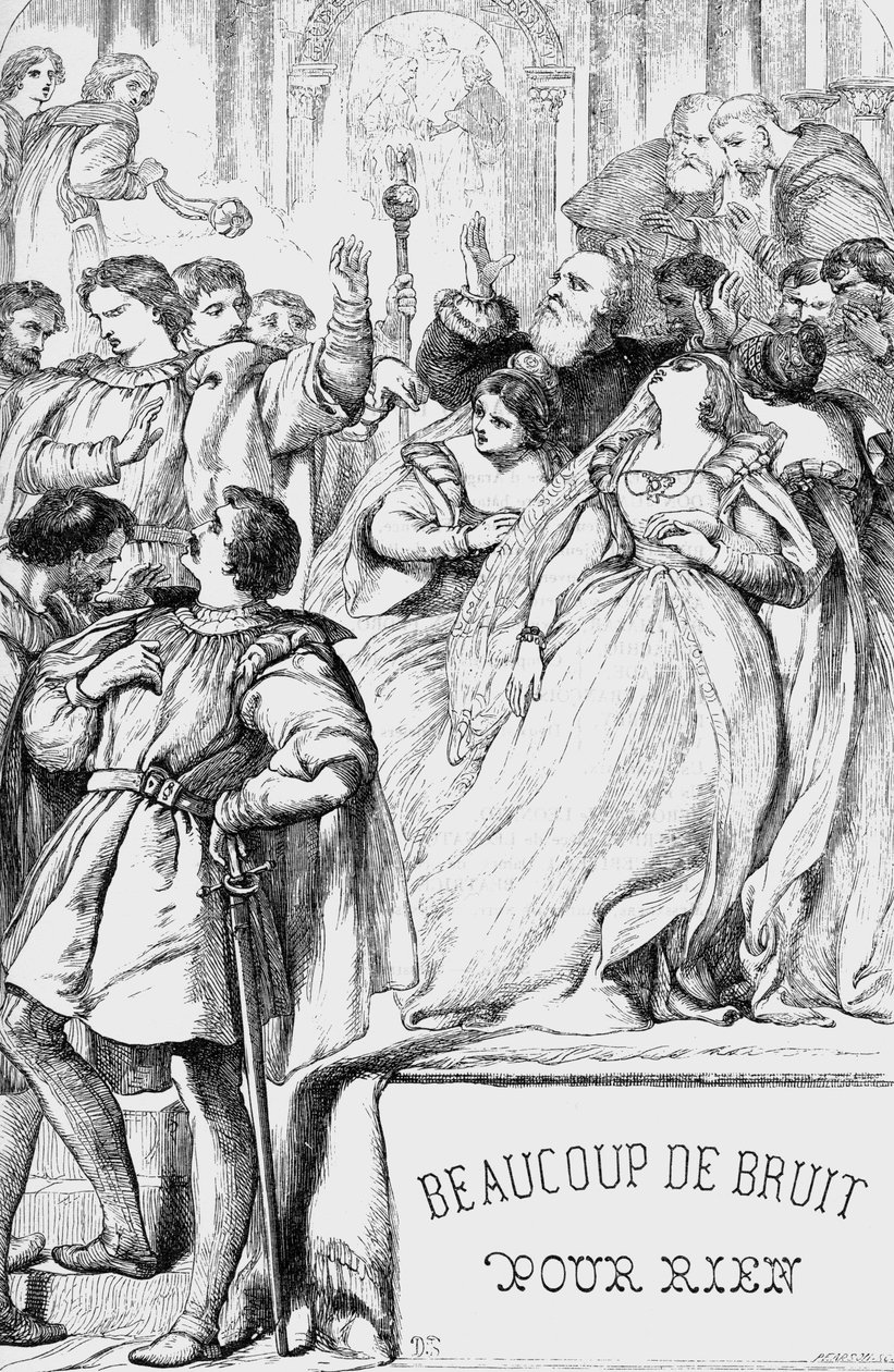 Mnoho povyku pro nic - Ilustrace v "" Works Completed by William Shakespeare"" 1866 - Ilustrace a obecná forma tohoto vydání jsou vypůjčeny z Cassellova ilustrovaného Shakespeara, vydaného v Londýně od English School