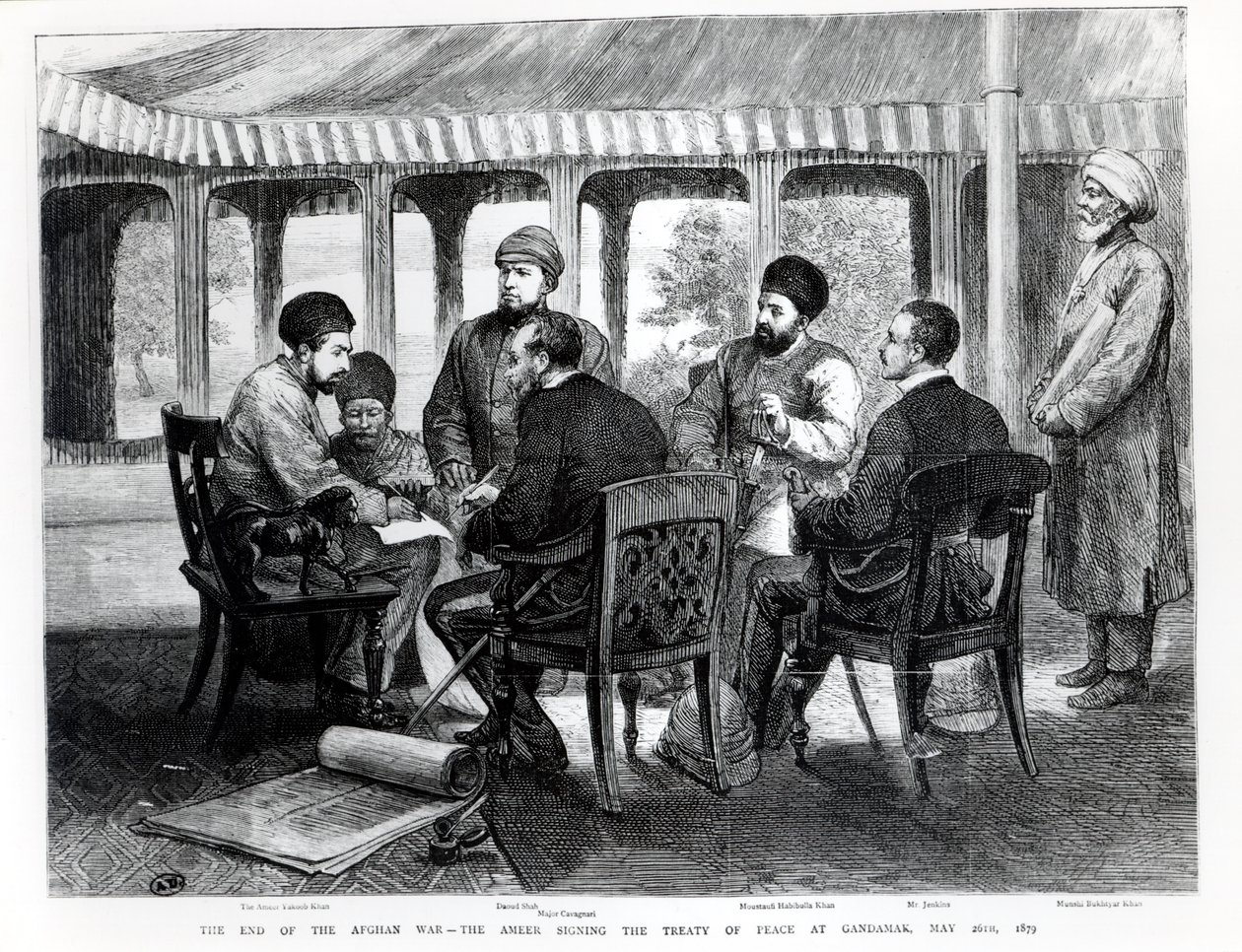 Muhammad Yaqub Khan (1849-1923) podepisující mírovou smlouvu v Gundamaku 26. května 1879 od English School