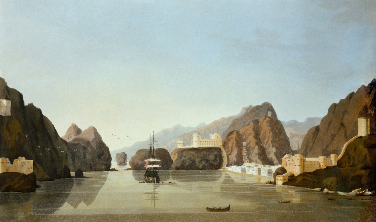 Muscat z přístavu s britskou fregatou na kotvě, ze šestnácti pohledů na místa v Perském zálivu, od poručíka R. Temple, vydáno 1813 (akvatinta) od English School