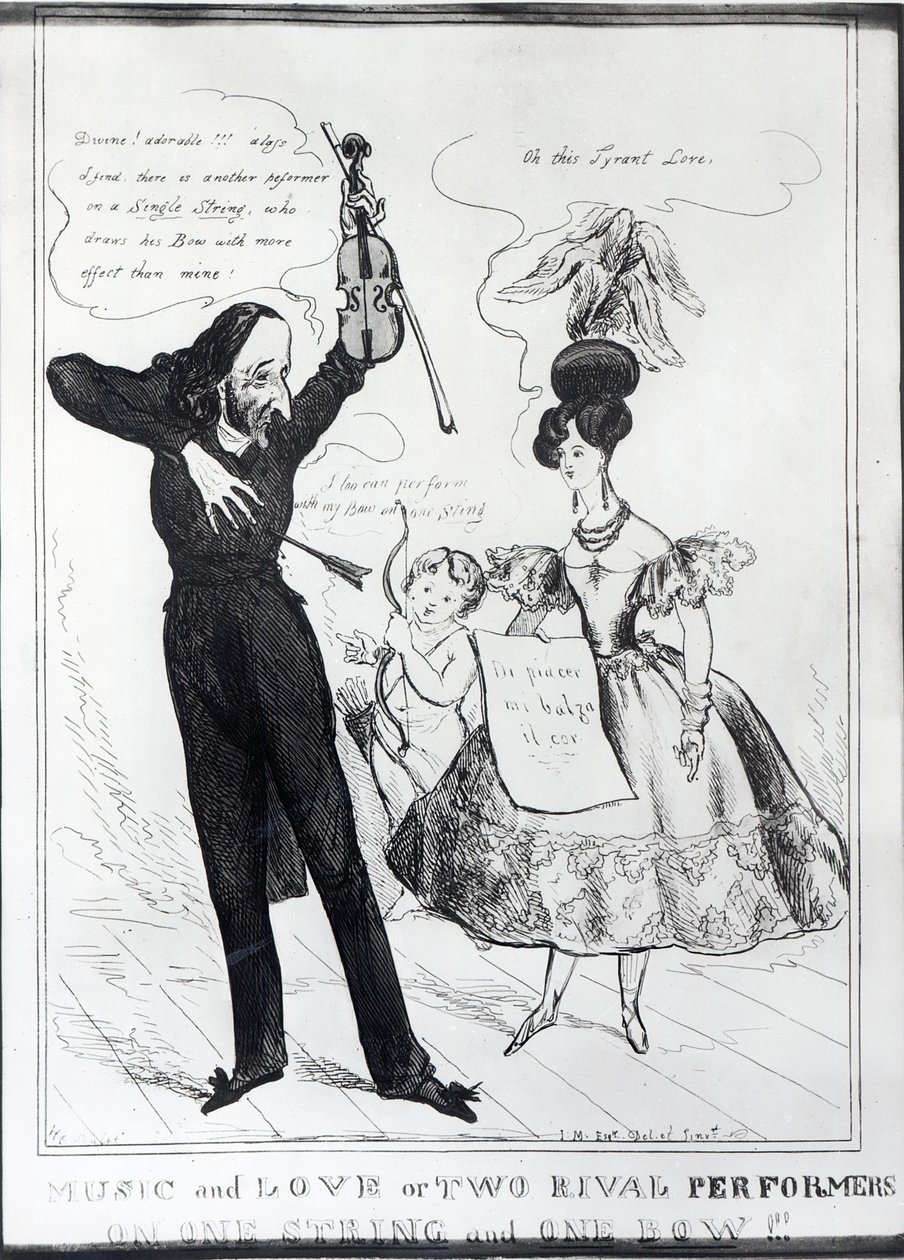 „Hudba a láska aneb dva rivalové na jedné struně a jednom smyčce“, karikatura Hectora Berlioze (1803-69) a Harriet Smithson (1800-54) od English School