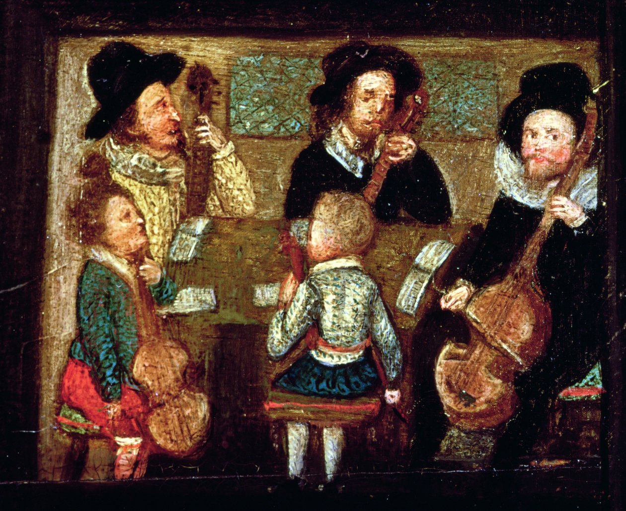 Hudebníci ve Wadley House, detail z knihy Život a smrt sira Henryho Untona (1557-96), kolem roku 1596 (viz také 99909) od English School