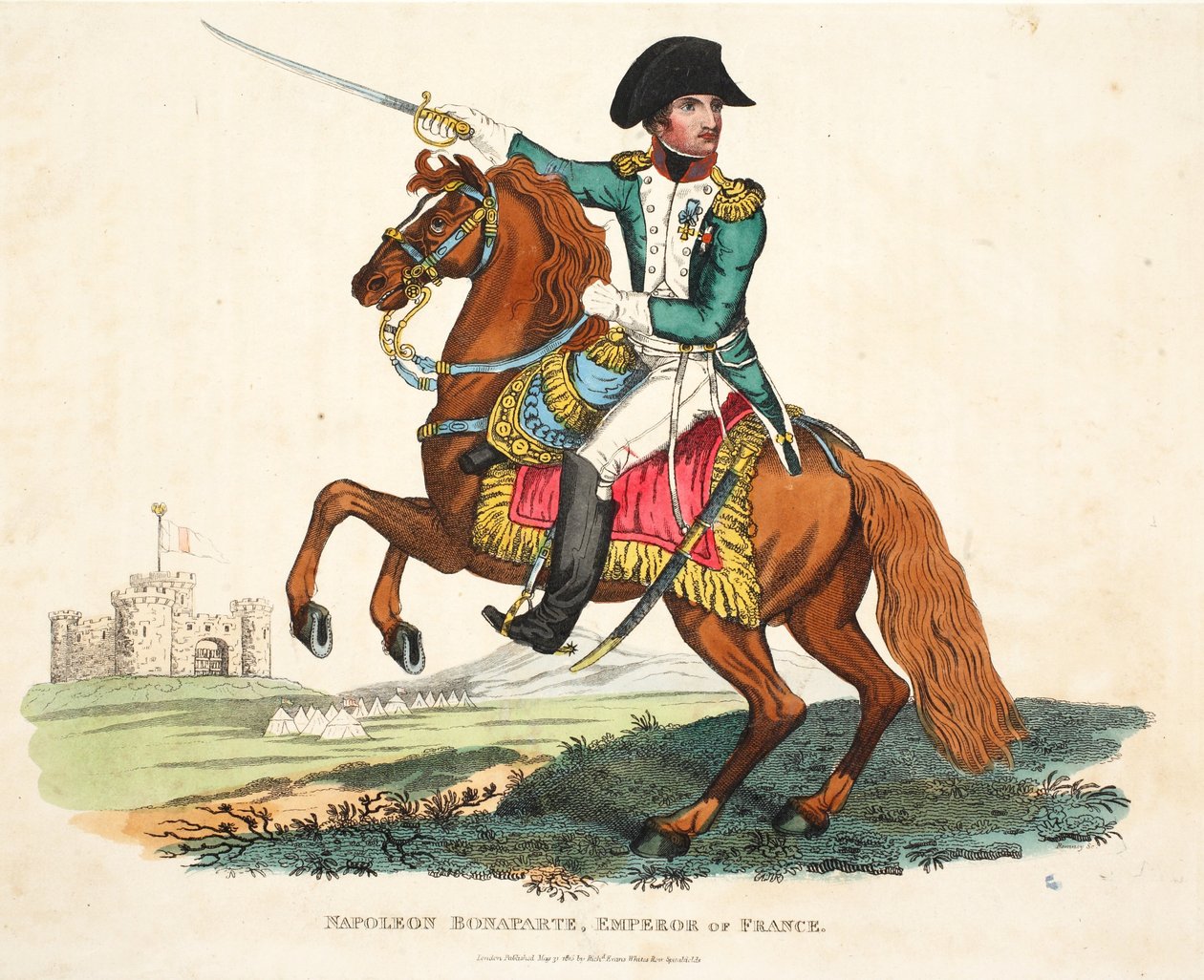 Napoleon Bonaparte, císař francouzský, ryl Romney, hospoda. od Richarda Evanse, ilustrace z Historický popis bitvy u Waterloo od Williama Mudforda, 1816 od English School