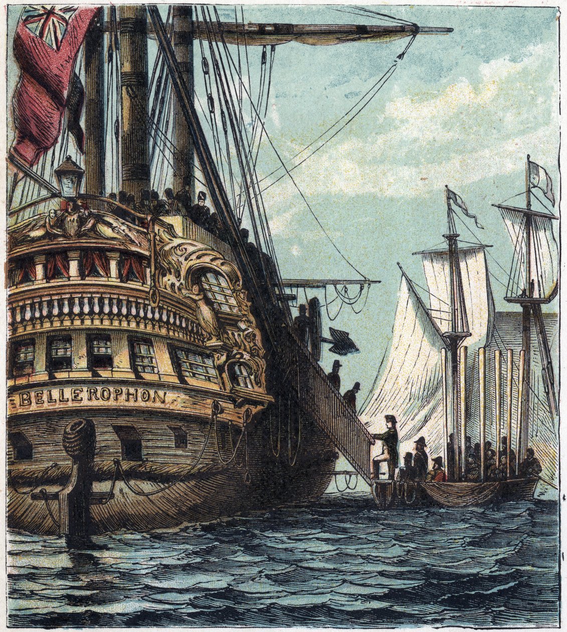 Napoleon I. je doručen Angličanům. Nalodění z Napoleona do Sainte-Helene (Sainte Helene) na palubě Bellerophon 15. července od English School