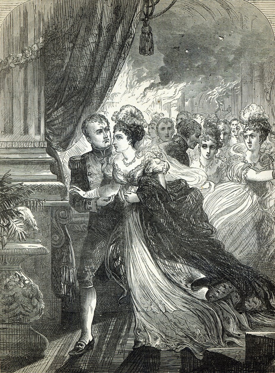 Napoleon a Marie-Luisa prchají před ohněm na plese, který 1. července 1810 uspořádal rakouský velvyslanec na počest sňatku císařského páru. od English School