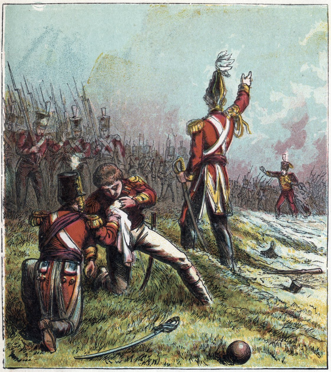 Napoleonská válka: Bitva u Coruñy (La Coruna) ve Španělsku 16. 1. 1809: postavila se proti francouzské armádě a anglické armádě a byla svědkem smrti britského velitele Sira Johna Moora (1761-1809). "Smrt sira Johna Moora." od English School