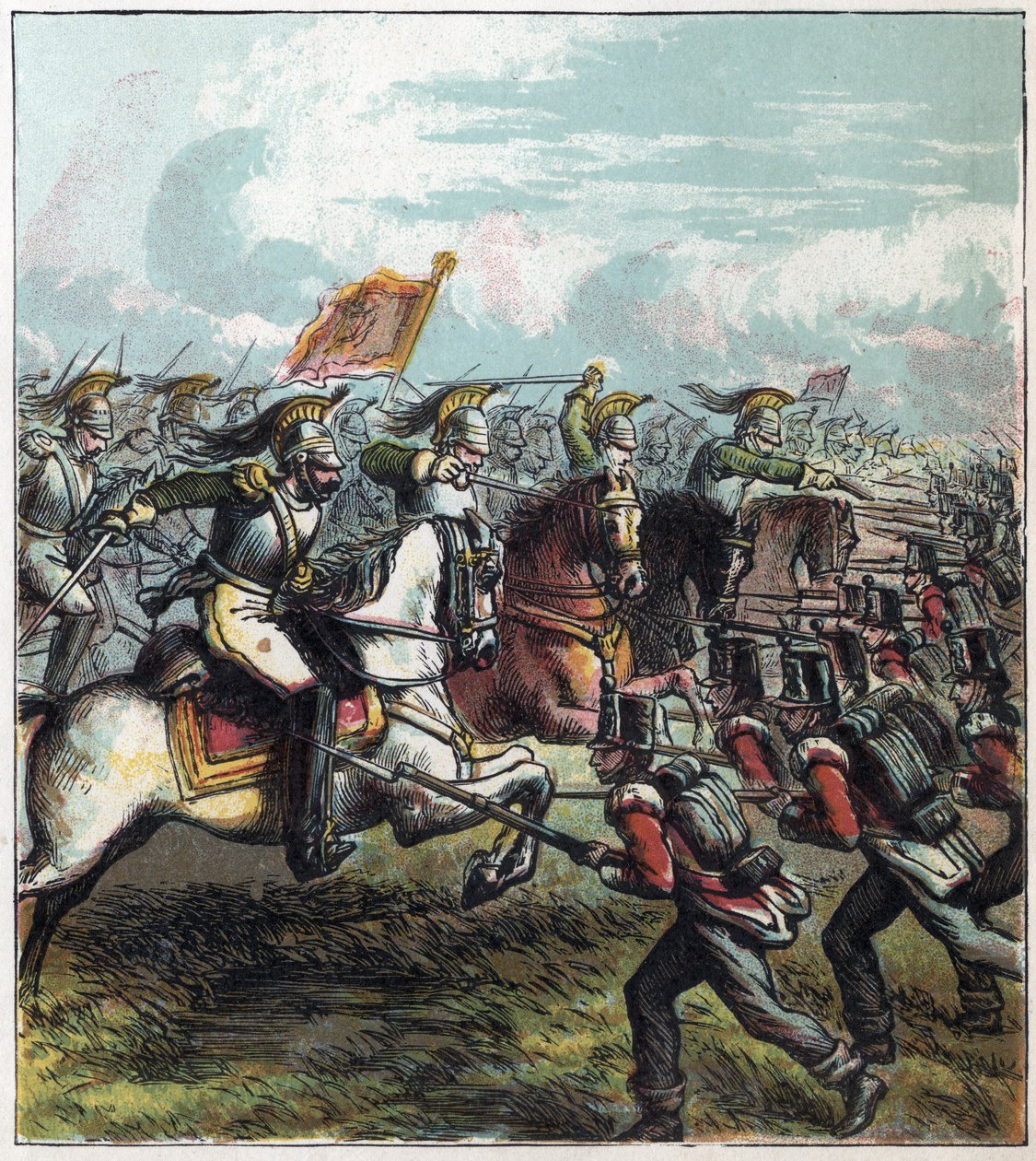 Napoleonská válka: Bitva u Waterloo dne 18.06.1815. Francouzská jízda Napoleona I. zaútočila na anglickou armádu, porážka Francouzů znamenala konec císařství Napoleona I. Bitva u Waterloo od English School