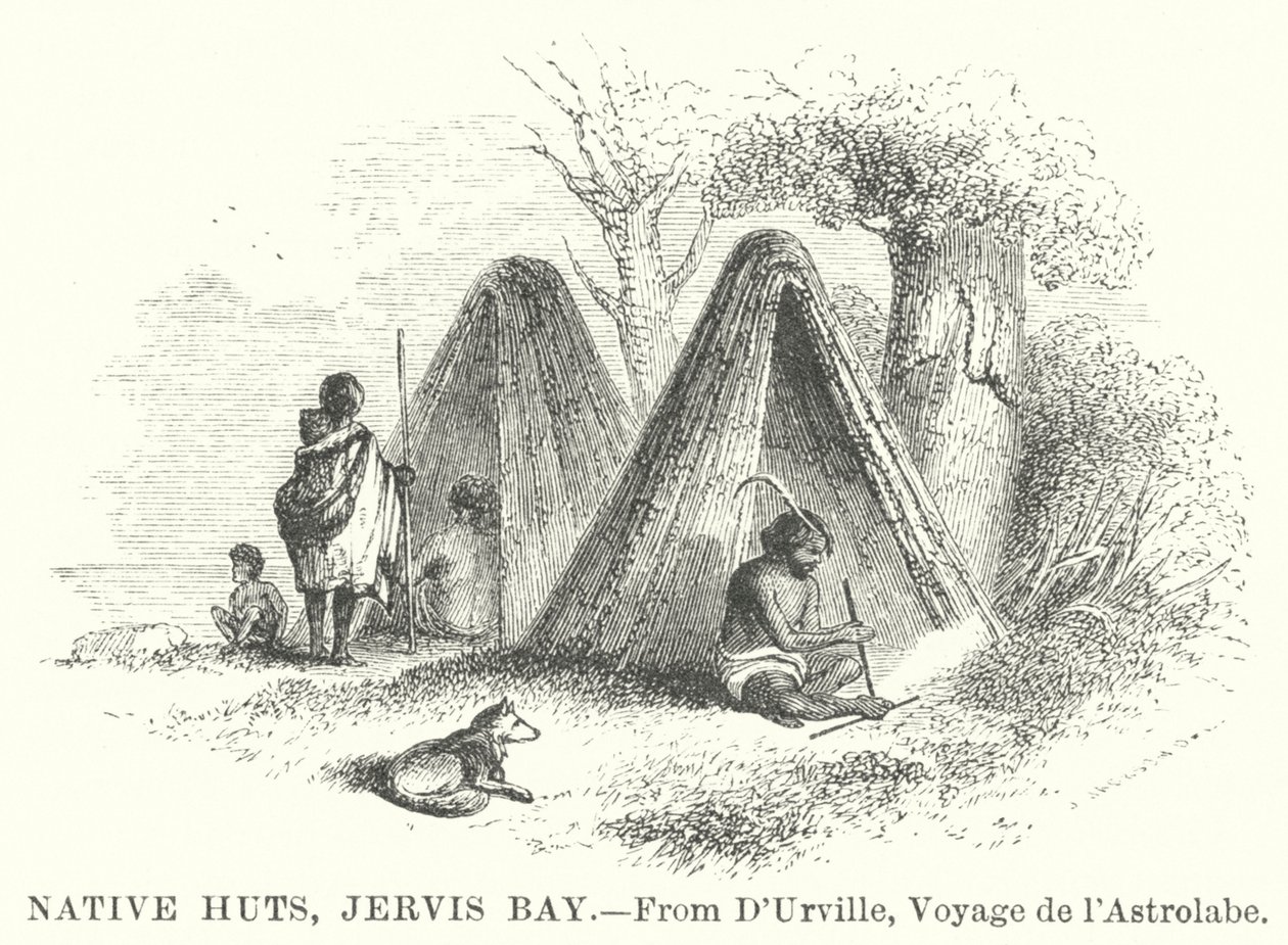 Domorodé chaty, Jervis Bay (rytina) od English School