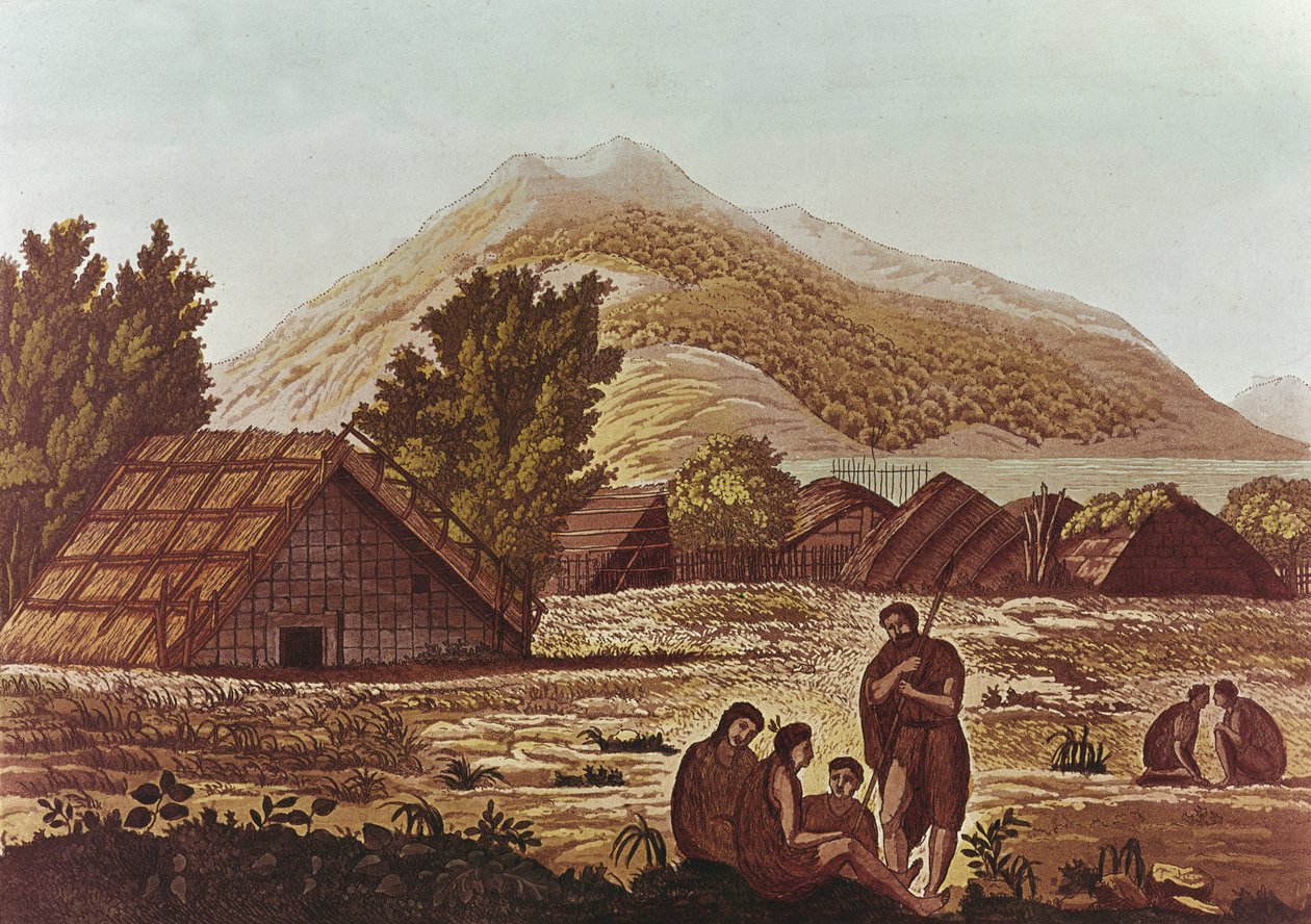 Domorodci, s chatami a horami vzadu, rytina F. Fumagalli (barevná rytina) od English School