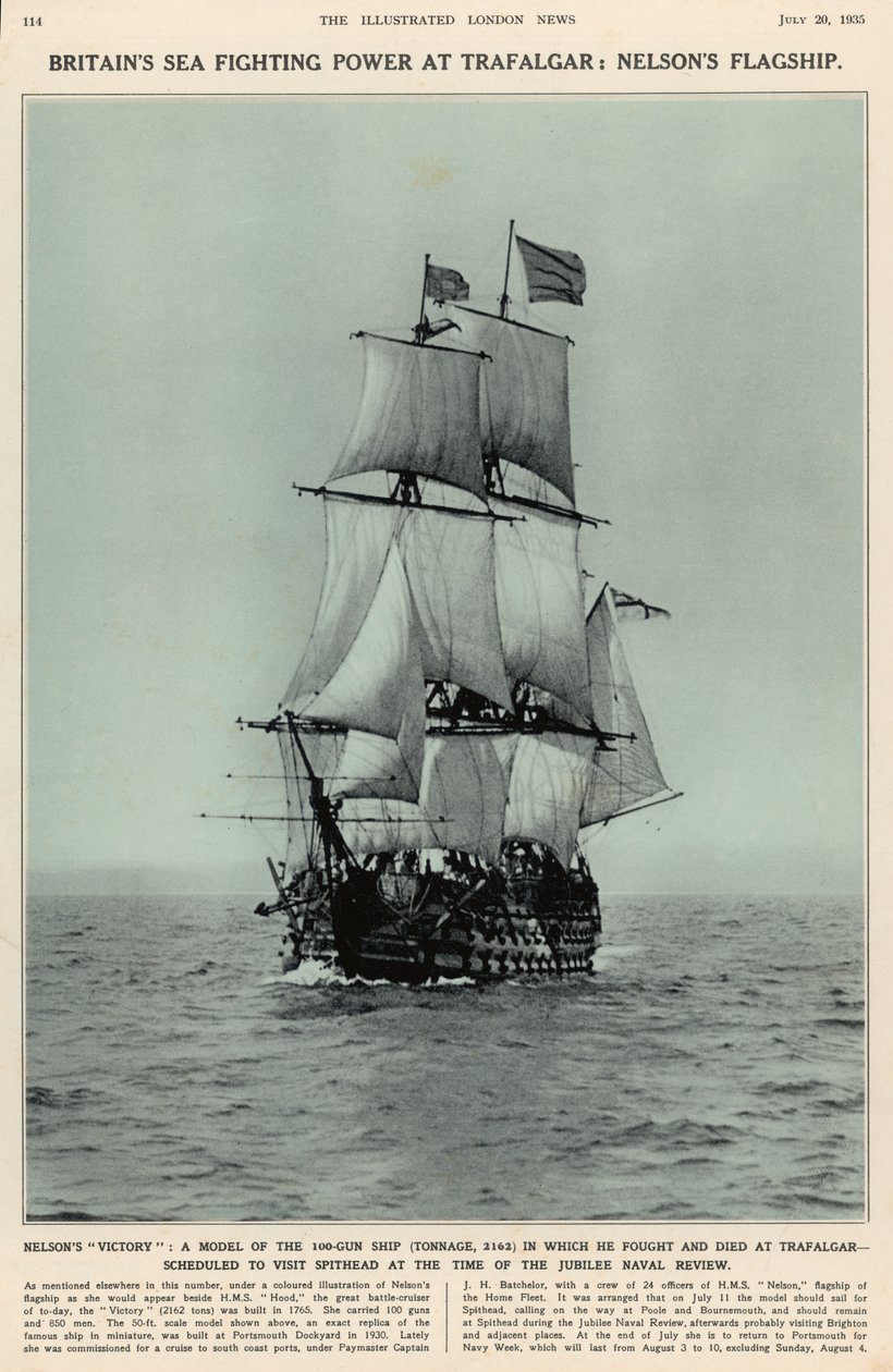 Nelsons Victory: model lodi se 100 děly, ve které bojoval a zemřel u Trafalgaru, z The Illustrated London News Royal Naval and Military Review Number, 20. července 1935 od English School