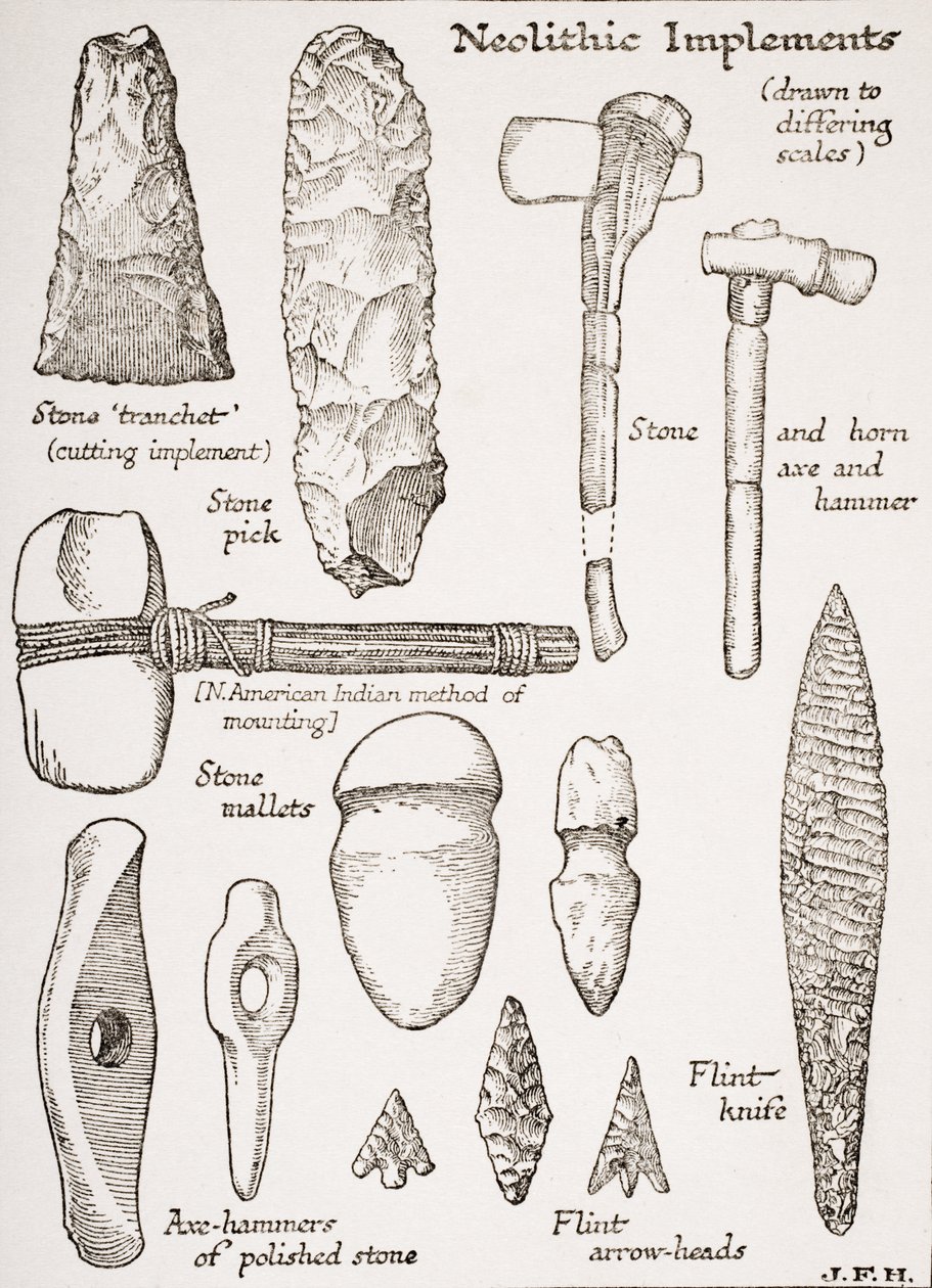 Neolithic Implements, ilustrace z „Nástin historie“ od H. G. Wellse, svazek I, vydané v roce 1920 od English School
