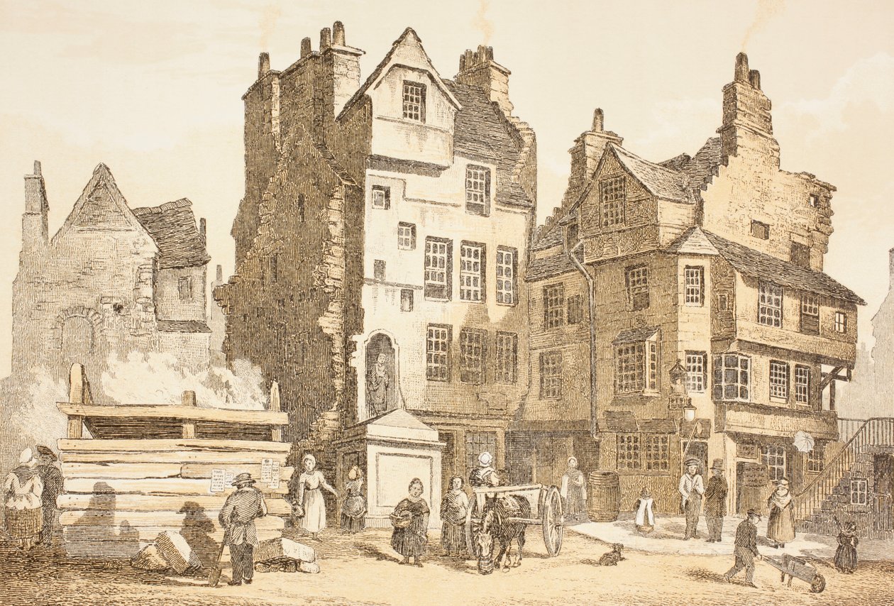 Netherbow House, Edinburgh, jak to bylo v roce 1843, z „The Scots Worthies“ od Johna Howieho, druhé vydání vydané v roce 1879 od English School