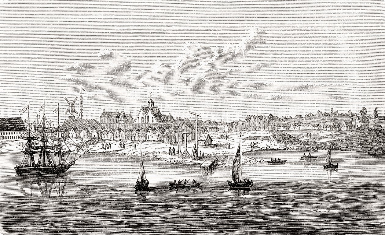 Nový Amsterdam, holandská osada ze 17. století na jižním cípu ostrova Manhattan, Amerika, z Wardovy a Lockovy ilustrované historie světa, vyd. cca 1882. od English School