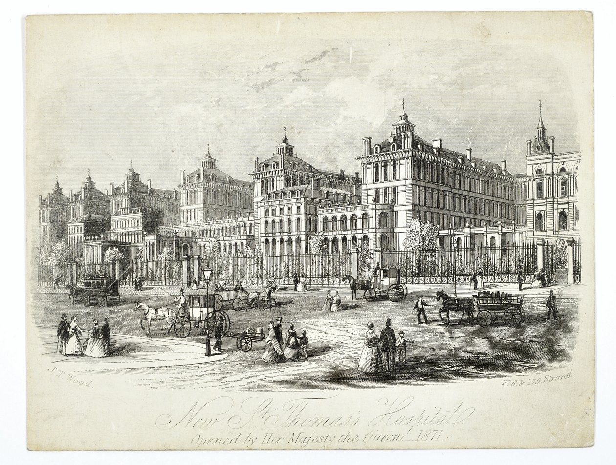 Nová nemocnice St. Thomass, otevřena Jejím Veličenstvom královnou 1871, hospoda. J.T. Dřevo od English School