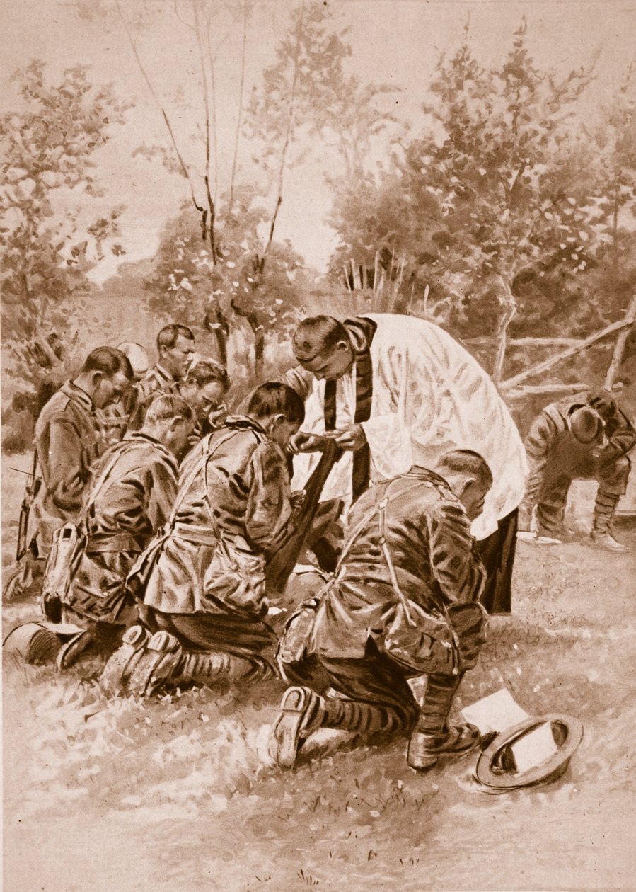 Kaplan novozélandské armády podává vojákům před bitvou svaté přijímání, 1914-19 od English School