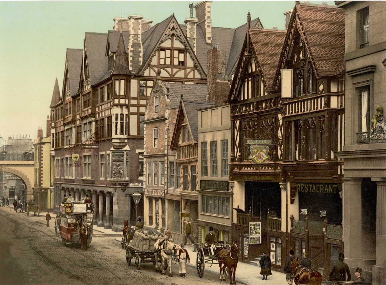 Newgate Street, Chester (ručně kolorovaná fotografie) od English School