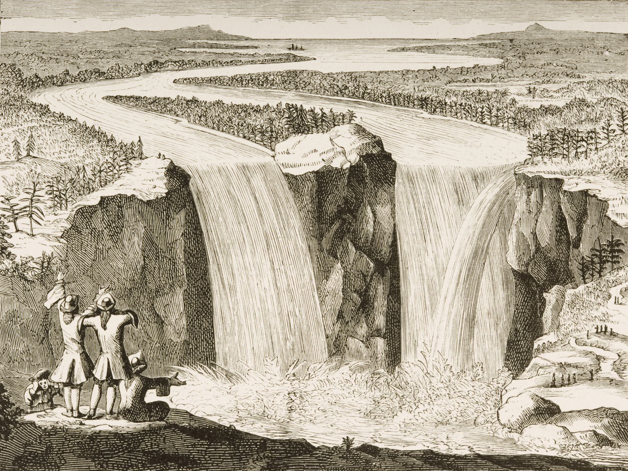 Niagarské vodopády, podle náčrtu vytvořeného otcem Hennepinem v roce 1677, z „American Pictures“ vydaného společností Religious Tract Society, 1876 od English School