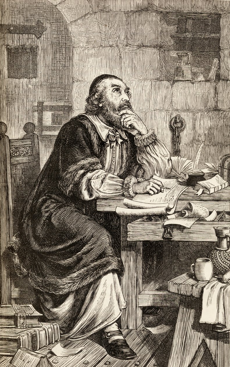 Nicholas Ridley píše dopisy ve vězení, zatímco čeká na svou popravu, kolem roku 1865 (dřevoryt) od English School