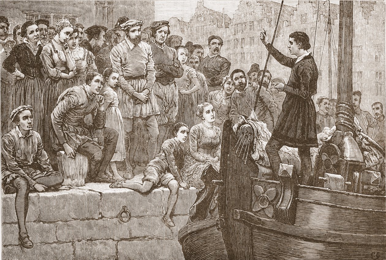 Mikuláš káže davu z lodi na Šeldě, ilustrace z Historie protestantismu od Jamese Aitkena Wylie (1808-1890), hospoda. 1878 od English School