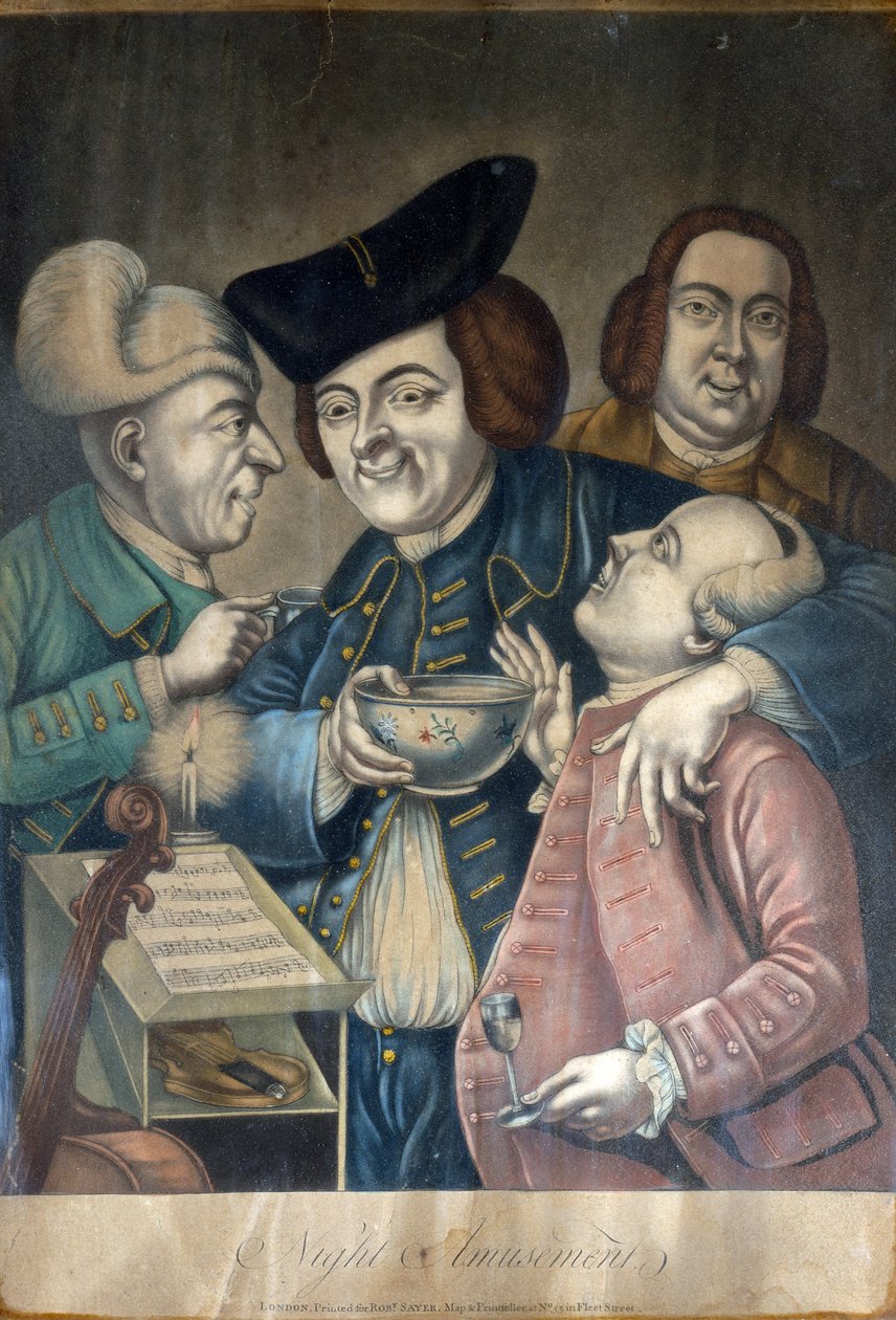 Night Amusements, cca 1770 (ručně kolorovaná mezzotinta) od English School