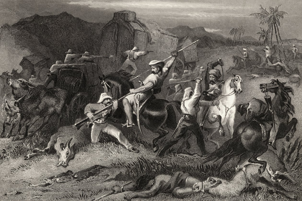 Night Sortie a útok na zavazadlové vozy, z „Historie indické vzpoury“ vydané v roce 1858 od English School