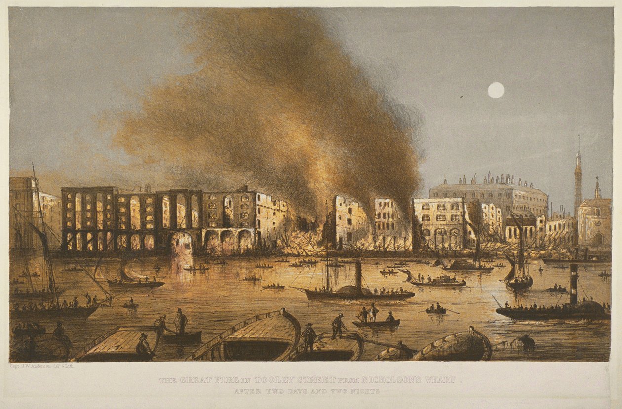 Noční pohled na požár z roku 1861 v Tooley Street, Bermondsey, 1861 od English School