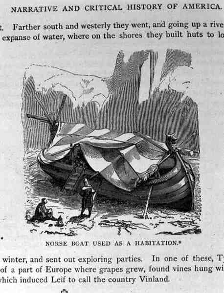 Norse Boat Used as A Habitation, z knihy Narrative and Critical History of America, vydané v roce 1889. od English School