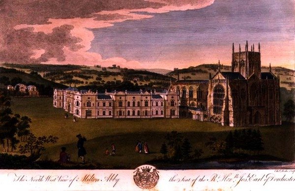 Severozápadní pohled na Milton Abbey, sídlo ctihodného Josepha, hraběte z Dorchesteru, vyrytý Edwardem Rookerem (c.1712-74) od English School