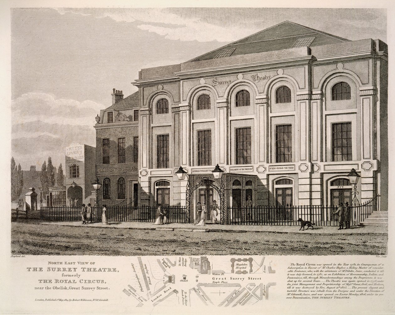Severovýchodní pohled na divadlo Surrey, dříve The Royal Circus poblíž obelisku, Great Surrey Street, 1814 od English School