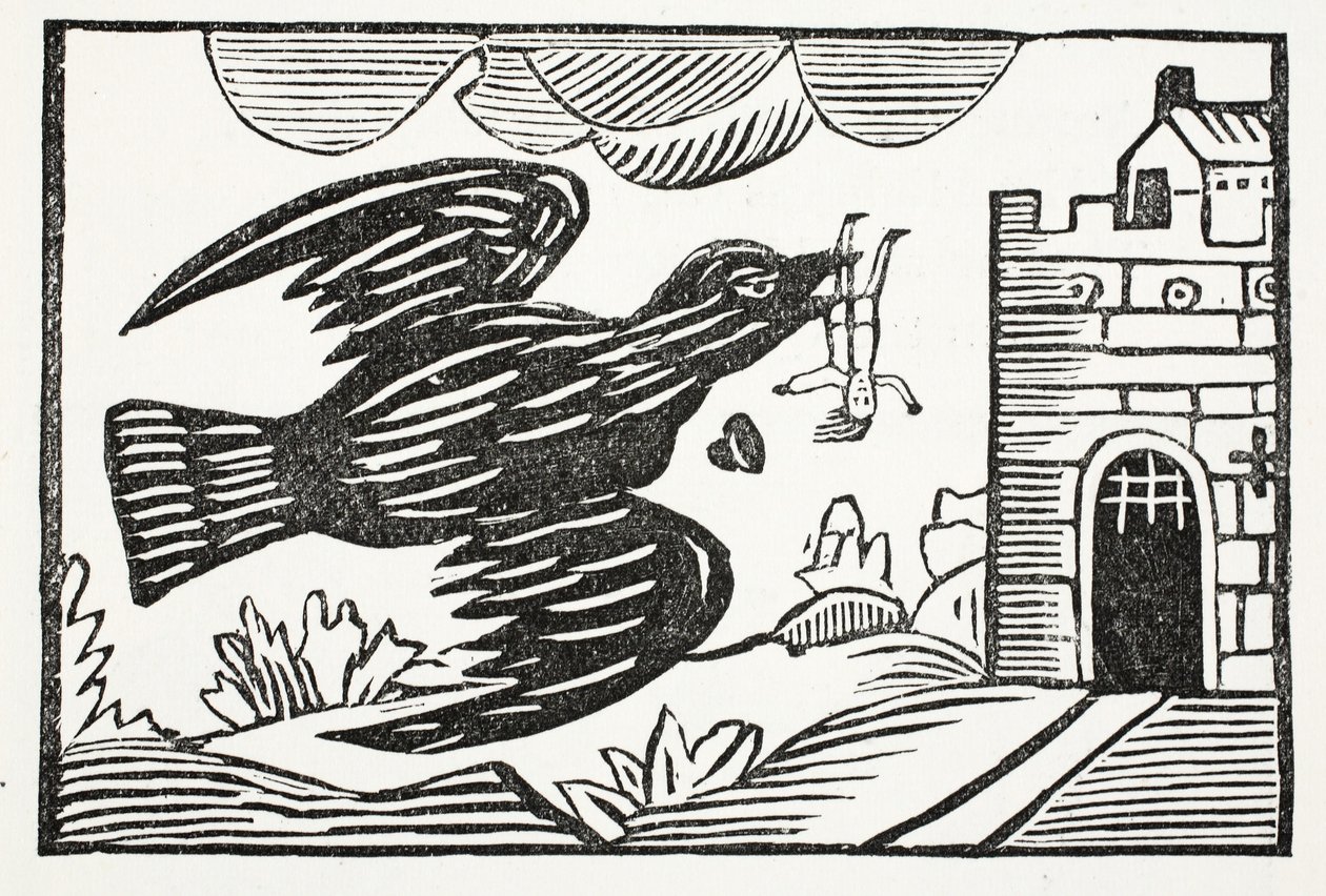 Nyní byl ubohý Tom nesen havranem velké síly, ilustrace z knihy Chap-books of the Eighteenth Century od Johna Ashtona, vyd. 1882 od English School