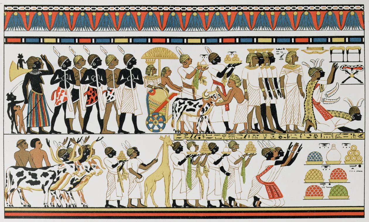 Núbijští náčelníci přinášející dary egyptskému králi, kopie staroegyptské nástěnné malby z hrobky v Thébách, asi 1380 př. n. l., z Dějin lidstva, III. díl, autor: Prof. Friedrich Ratzel, 1898. od English School