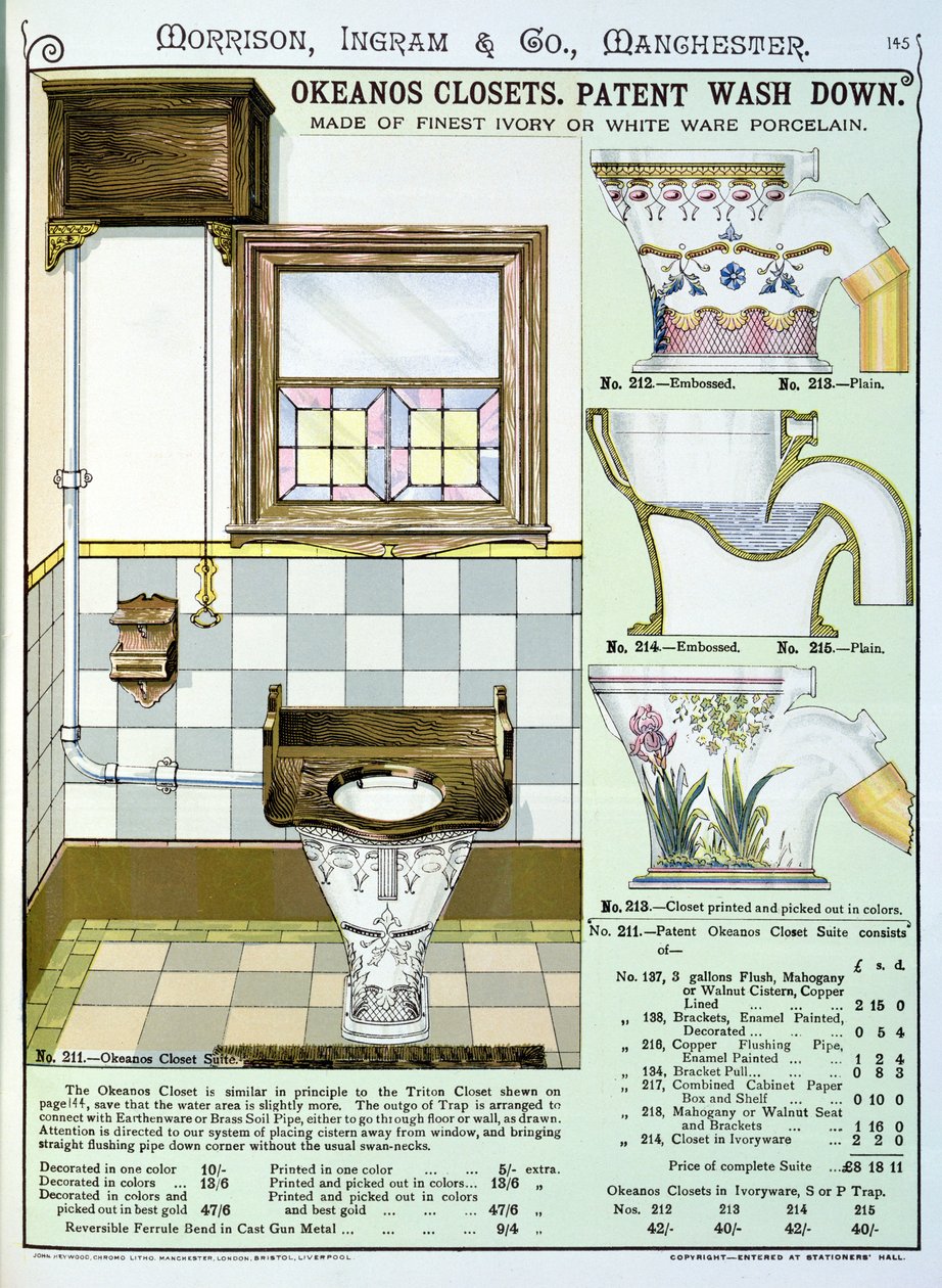 Okeanos Closets z katalogu sanitárního zboží vyrobeného společností Morrison, Ingram & Co., Manchester, vydaného kolem roku 1890 od English School