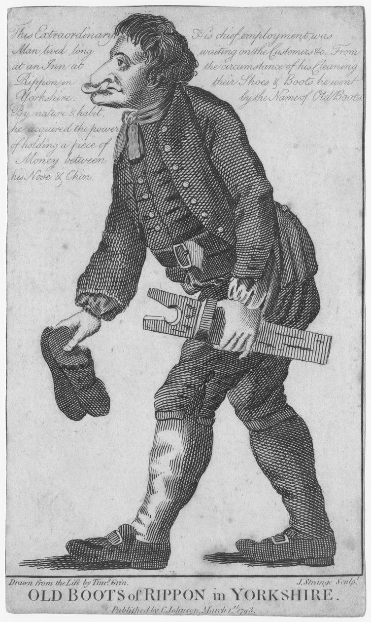 Staré boty z Ripponu v Yorkshiru, vyryl J. Strange (18. století) podle kresby Timothyho Grina, vydal C. Johnson, 1793 od English School
