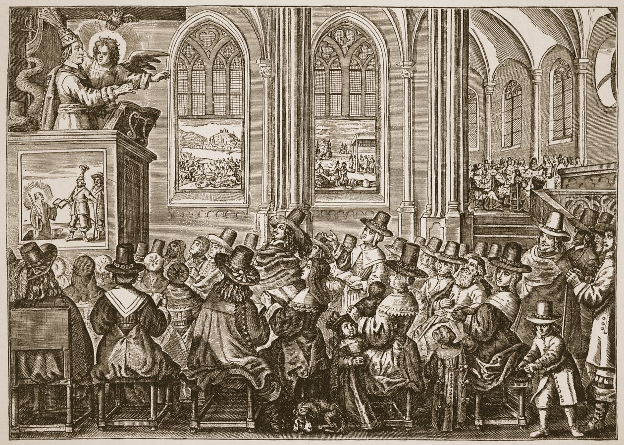 Oliver Cromwell káže puritánskému shromáždění, ilustrace z knihy Anglikánská církev: Spence-Jones, vyd. cca 1910 (sépiová fotografie). od English School