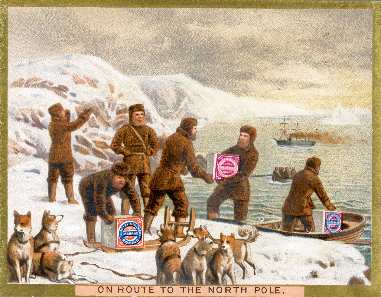 Na Route to the North Pole, propagační karta pro Huntley & Palmers Biscuits, kolem roku 1890 od English School