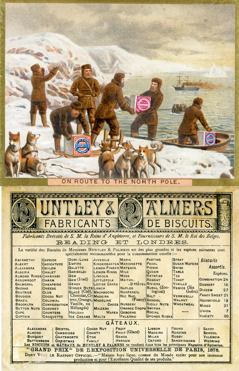 Na Route to the North Pole, přední a zadní strana propagační karty pro Huntley & Palmers Biscuits, vyrobené pro francouzský trh, 1890 od English School