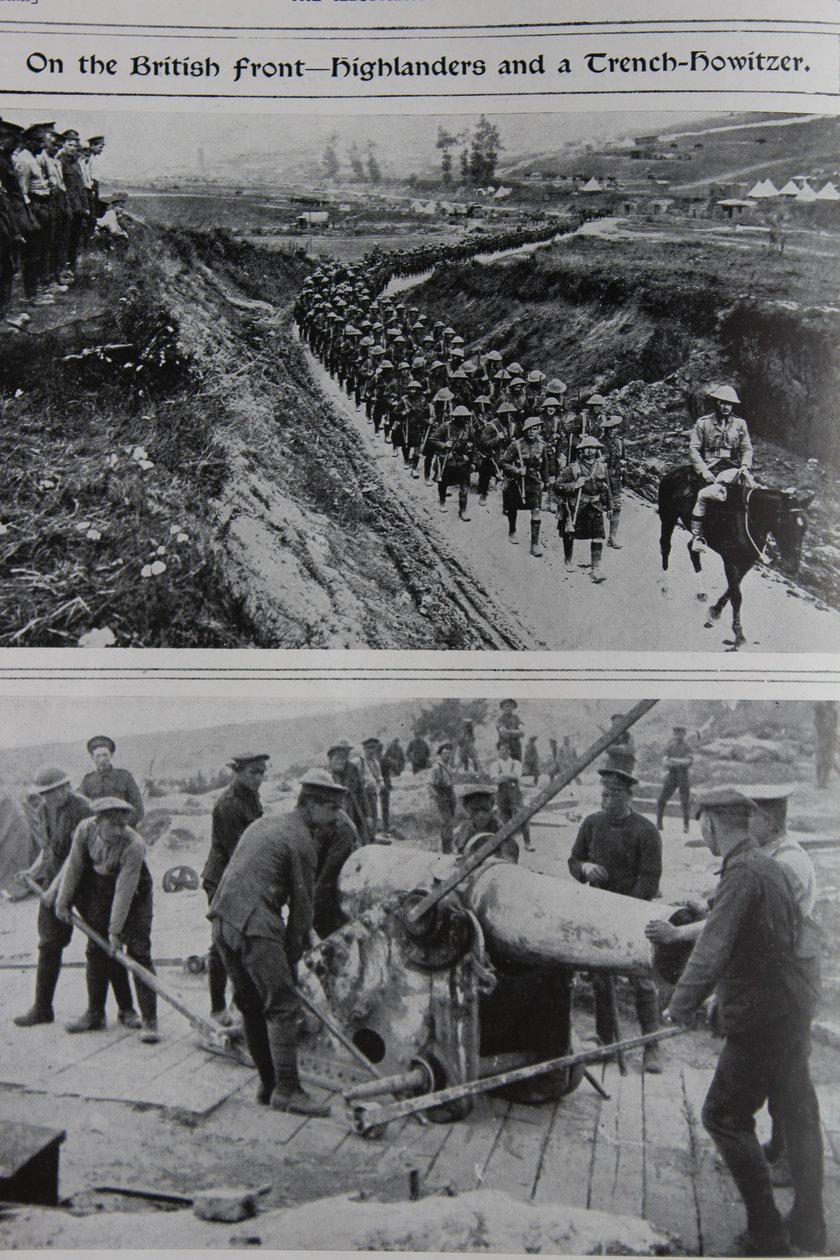 Na britské frontě - Highlanders a příkopová houfnice, 1914-18 od English School