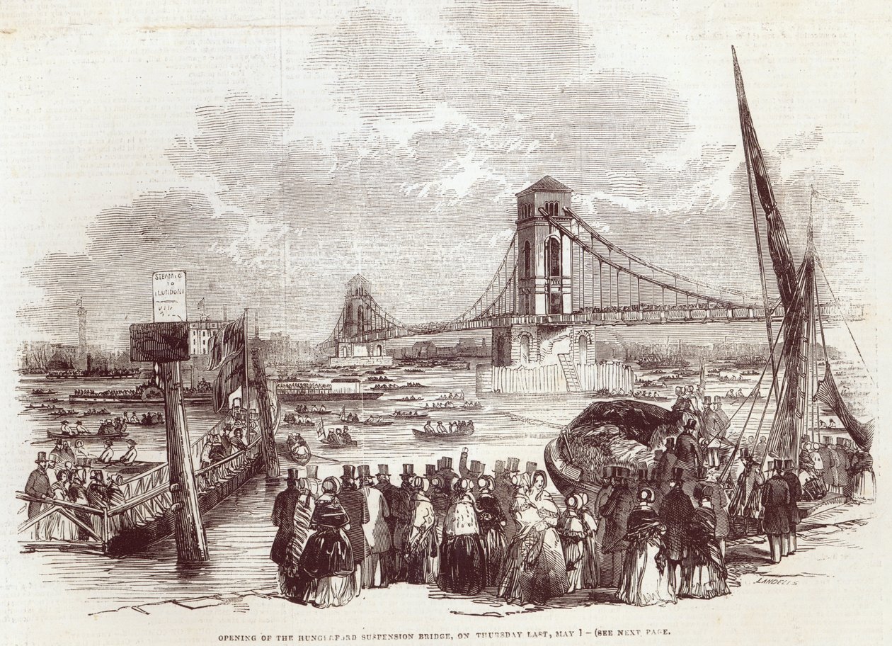 Otevření visutého mostu Hungerford Suspension Bridge, z "The Illustrated London News", 3. května 1845 od English School