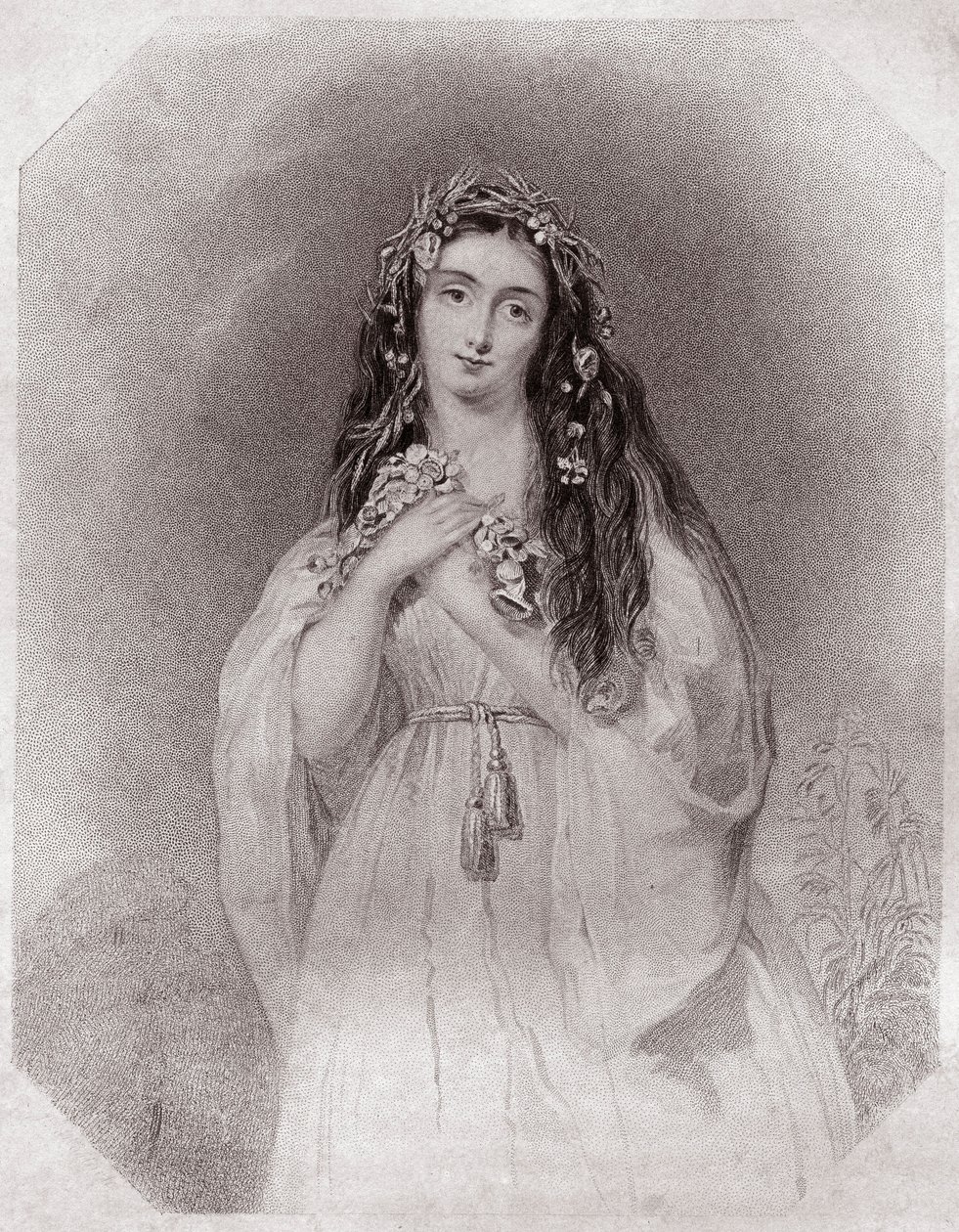Ofélie (Ophelia) (Hamlet) v - „“ Shakespearově ženské galerii, sbírka čtyřiceti pěti vážných portrétů raných londýnských umělců, obohacená o kritické a literární poznámky““““ kolem roku 1838 – z „“ Galerie žen Shakespearových, Sbírka pevnosti od English School