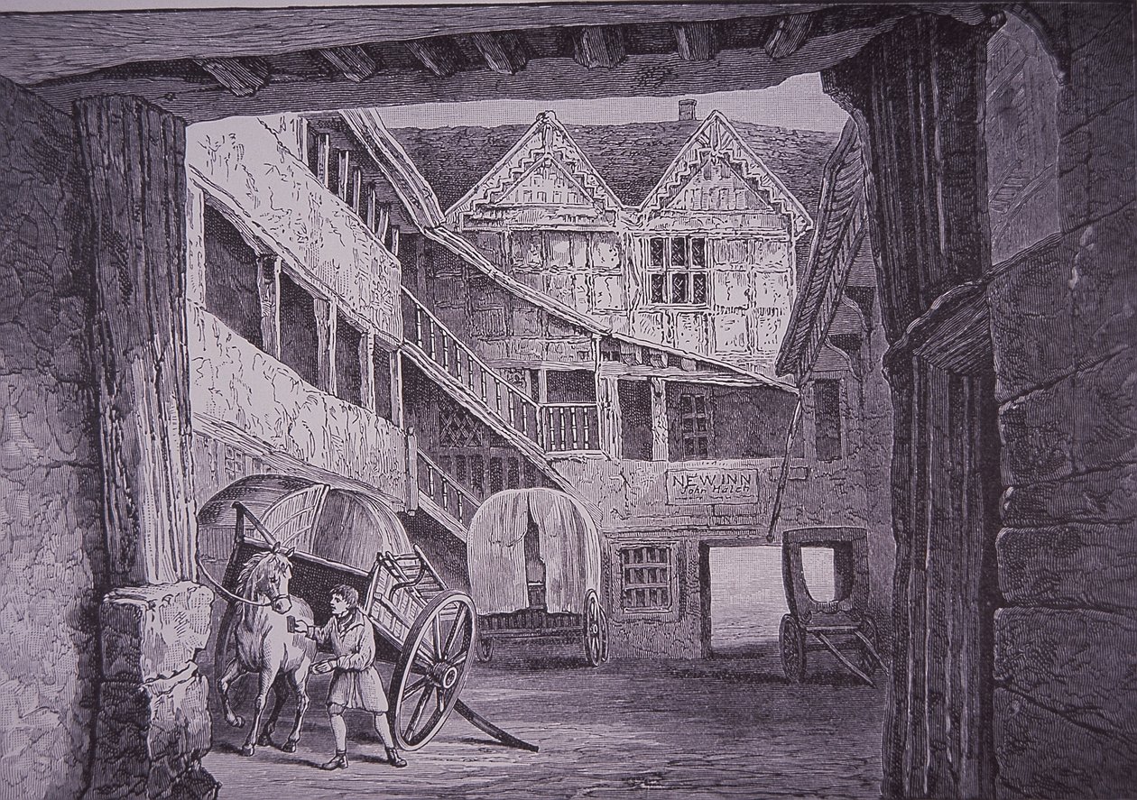 Ostler navštěvující kůň na nádvoří New Inn, Gloucester (dřevoryt) od English School
