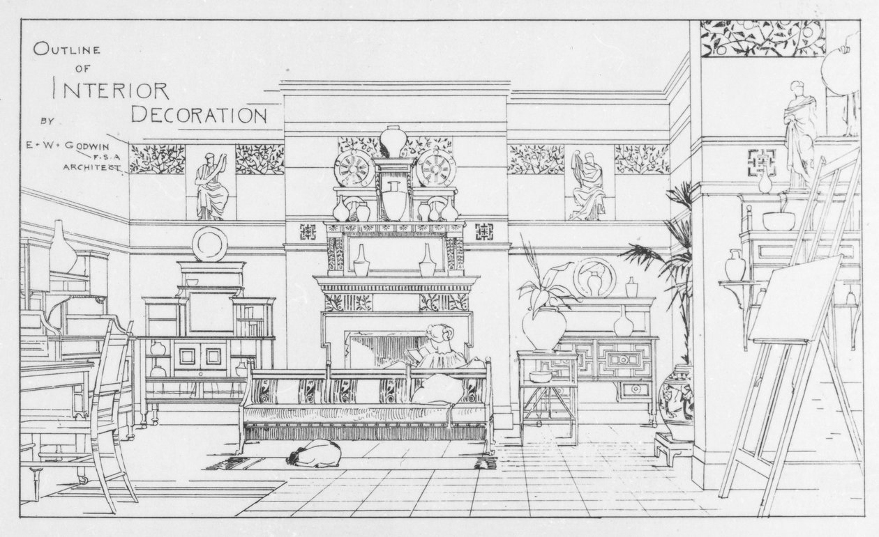 Outline of Interior Decoration, design by E. W. Godwin, ilustrace od The British Architect, 1. července 1881 od English School