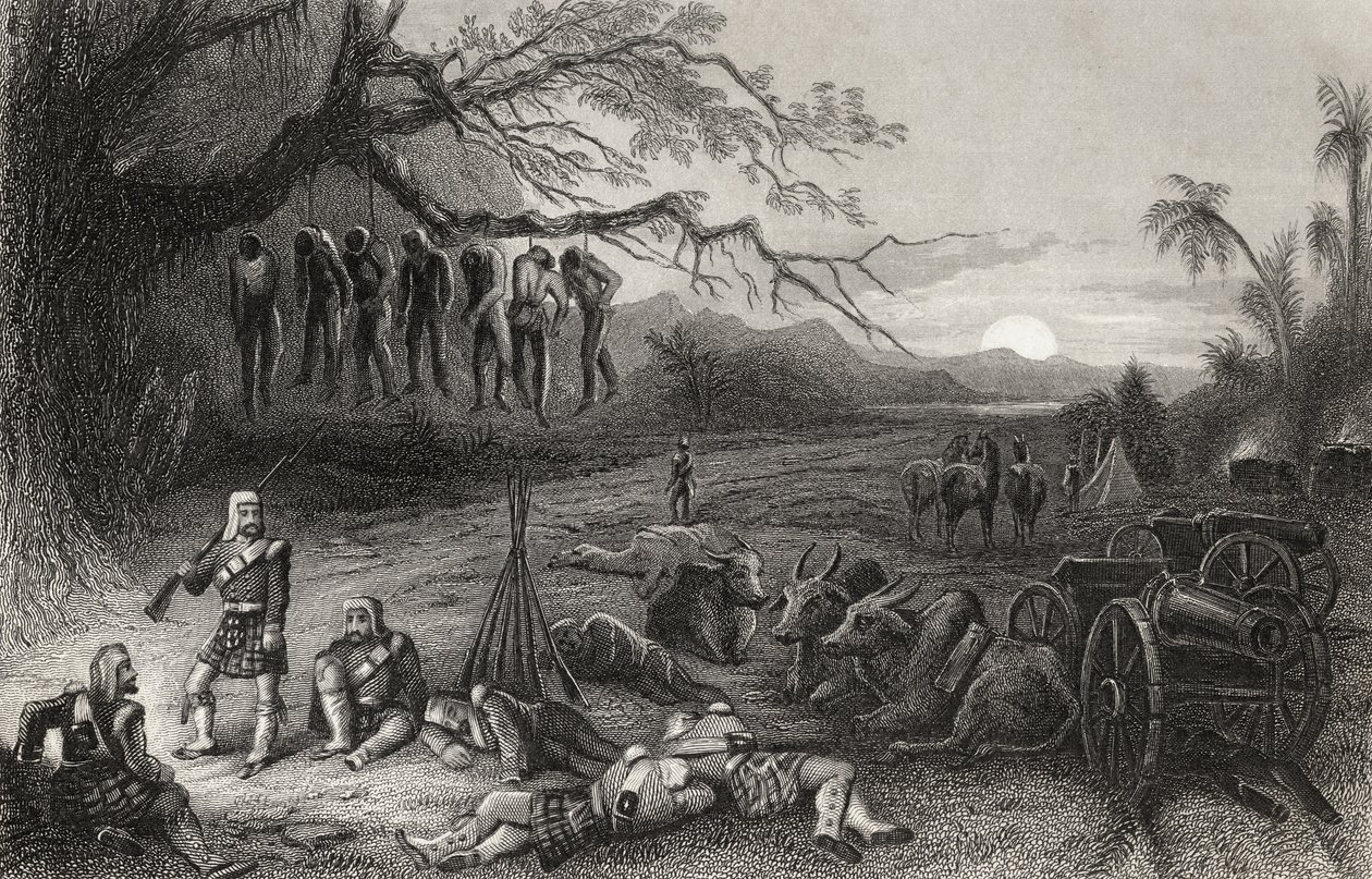 Odlehlá demonstrace brigády Highland v Benares, z „Historie indické vzpoury“ publikované v roce 1858 od English School