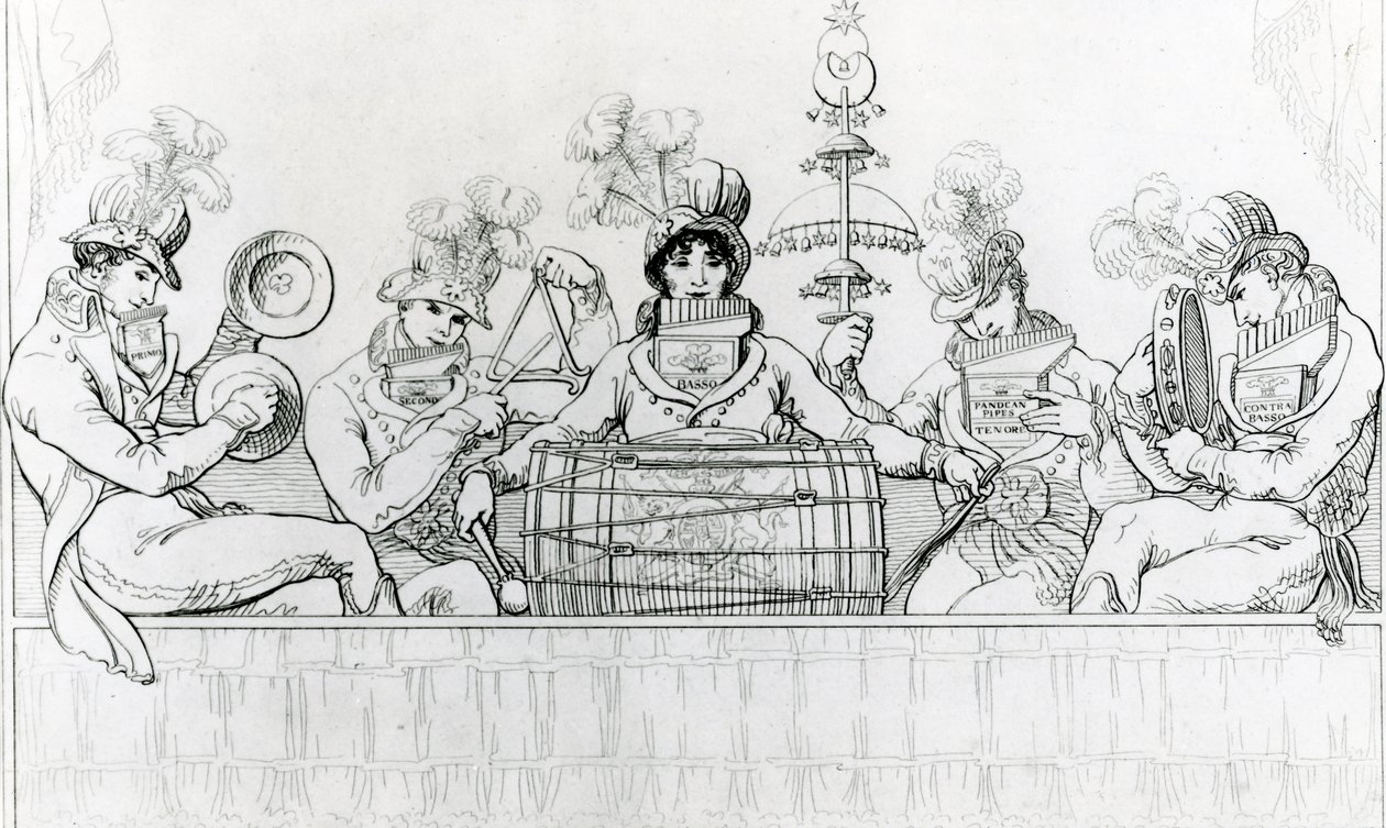 Padean Minstrels ve výkonu ve Vauxhall Gardens, Londýn (rytina) od English School