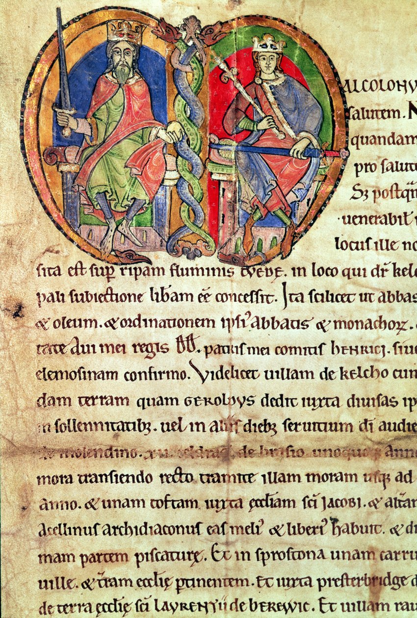 Stránka z Charty Kelso Abbey s iluminovanou iniciálou zobrazující krále Davida I. (1084-1153) a jeho vnuka Malcolma IV. (1141-65) 1159 (vellum) od English School