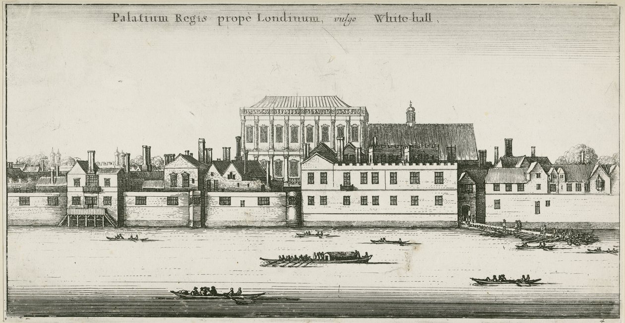 Palác Whitehall od řeky Temže, Westminster, Londýn, Velká Británie (lept) od English School