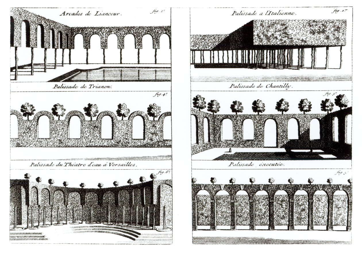 Palisade designs, from Theory and Practice of Gardening, Antoine-Joseph Dezallier DArganville (1680-1765), publikováno kolem roku 1709 od English School