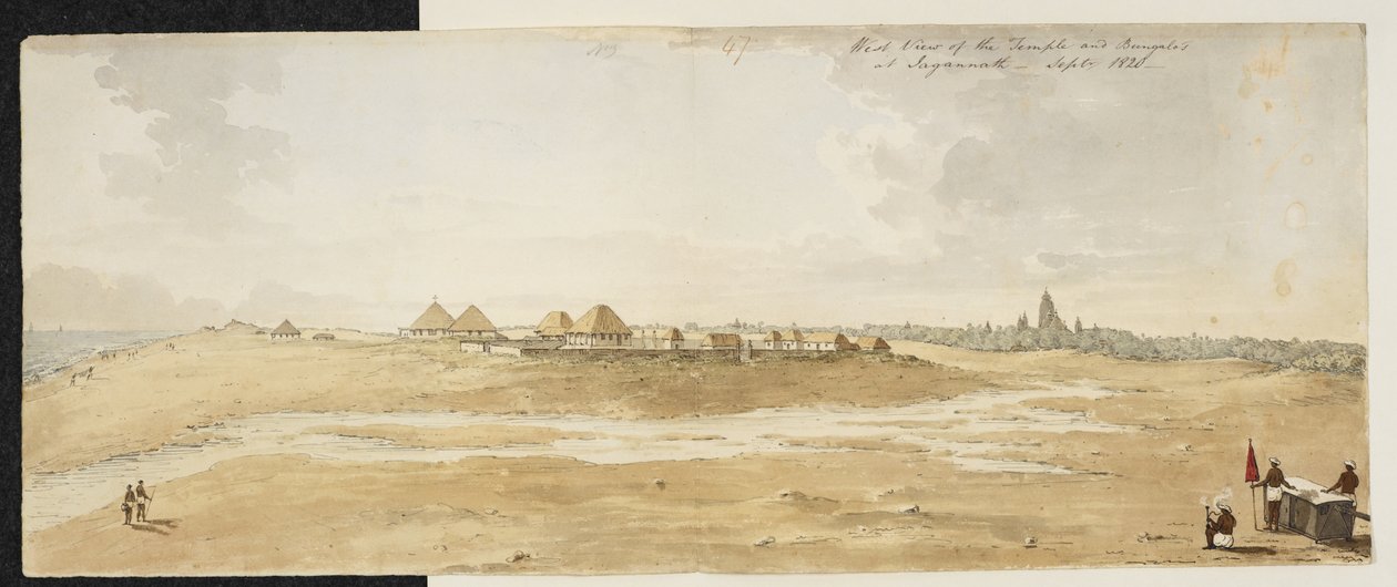 Panorama Velkého chrámu Jagannath, Puri (Orissa), pořízené od západu, ukazující evropské bungalovy v popředí na břehu moře, září 1820 (akvarel na papíře) od English School