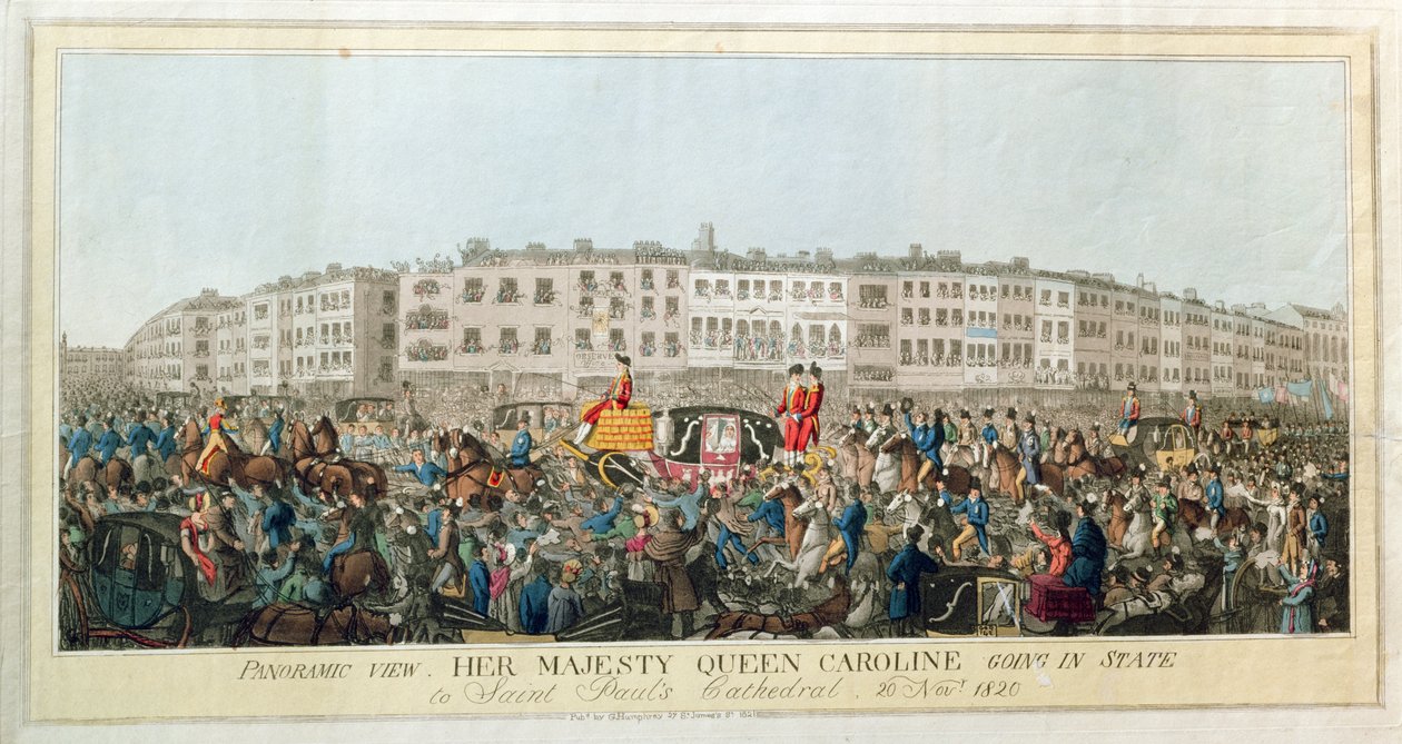 Panoramatický výhled. Její Veličenstvo královna Caroline jede ve státě do katedrály St. Pauls, 20. listopadu 1820, hospoda. 1821 (akvatinta na papíře) od English School