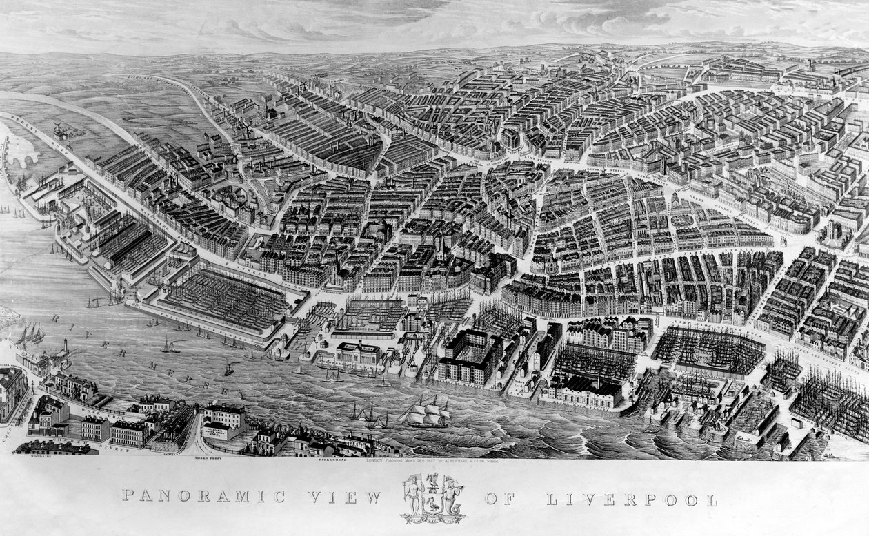 Panoramatický pohled na Liverpool podle akvarelu od Ackermana, 1847 od English School