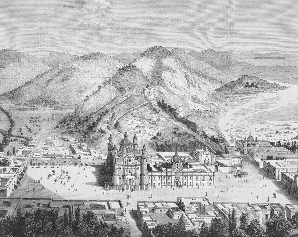 Panoramatický pohled na baziliku de Guadalupe, Mexico City 80. léta 19. století (rytina) od English School